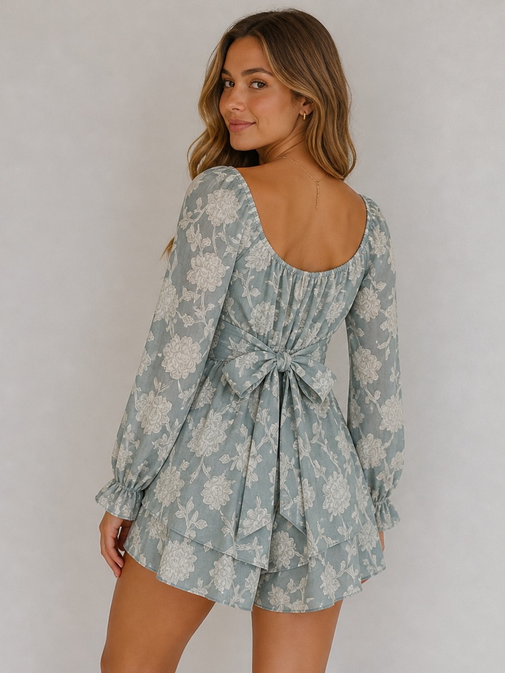 Charmed Hearts Blue Floral Long Sleeve Tiered Romper - Size XSMALL